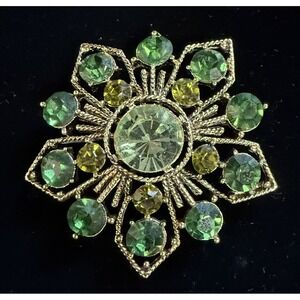 Vintage Signed WEISS Flower Two Tone Green Rhinestone Pin Brooch Gold Tone